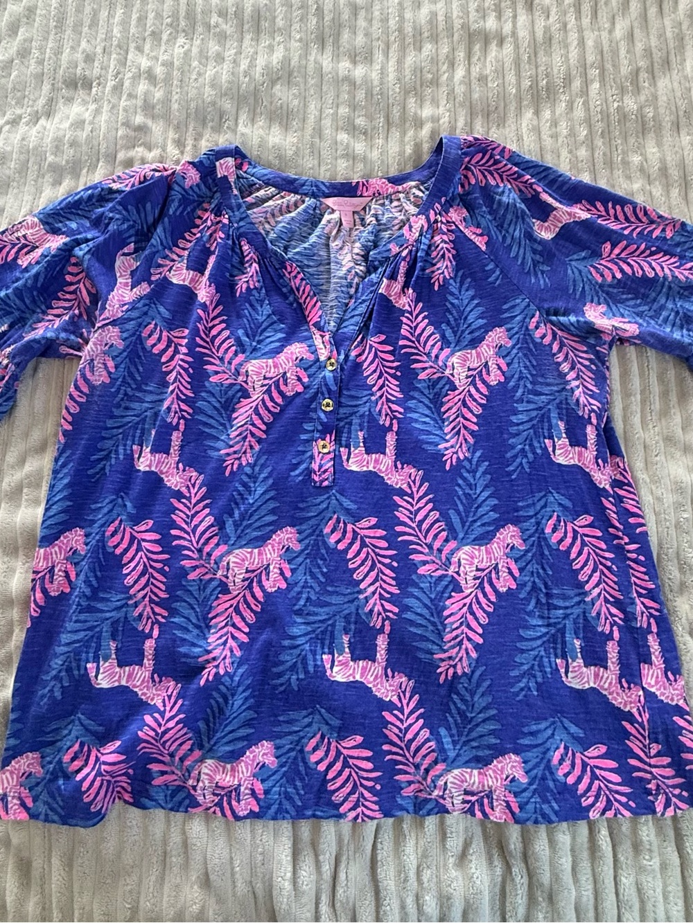 Lilly Pulitzer Blue Henley Top with Pink Zebra & Leaf Print